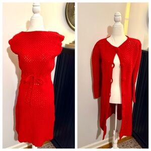 Vintage Vogue Pattern 60s Handmade Set of Crochet Red Dress and Cardigan, M